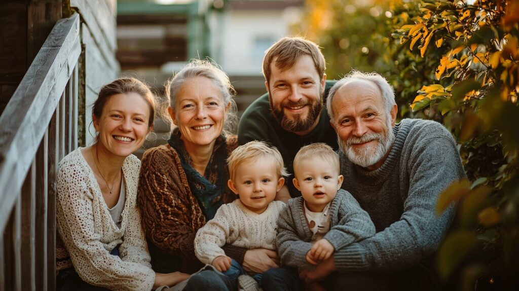 Familienportrait auf Treppe draußen im Herbst