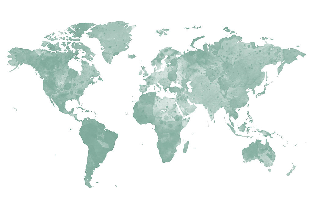 Weltkarte zum Ausdrucken in grünen Aquarellfarben