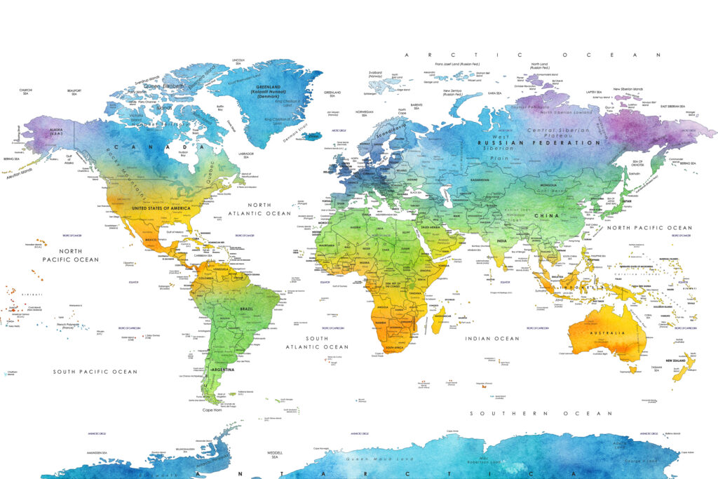 Weltkarte zum Ausdrucken in Aquarellfarben