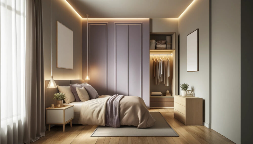 Wandgestaltung Schlafzimmer: Idee in Lavendel und Naturtönen